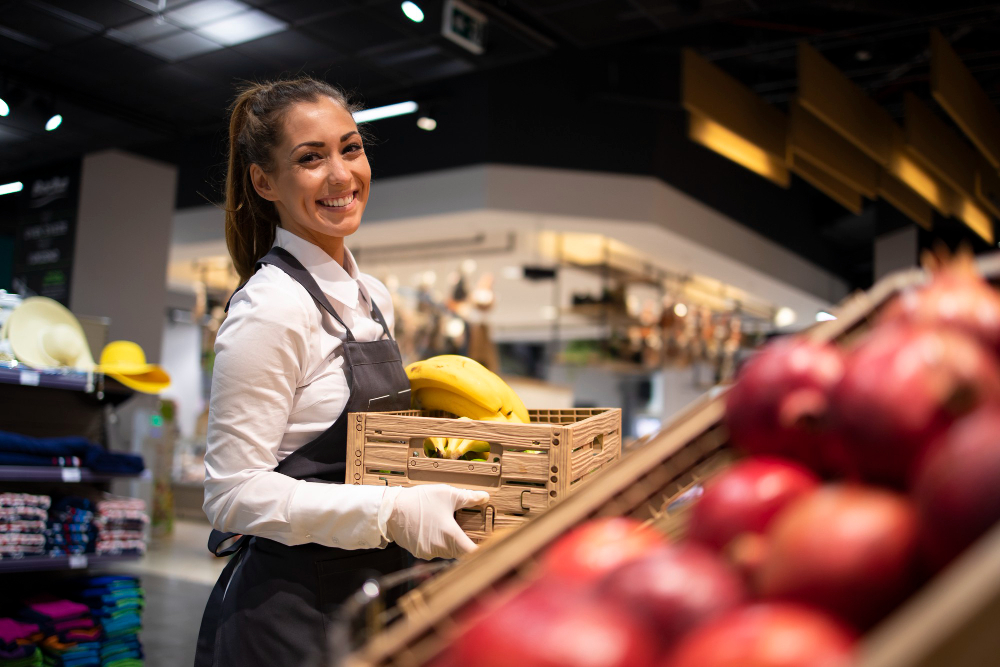 supermarket worker supplying fruit department with food