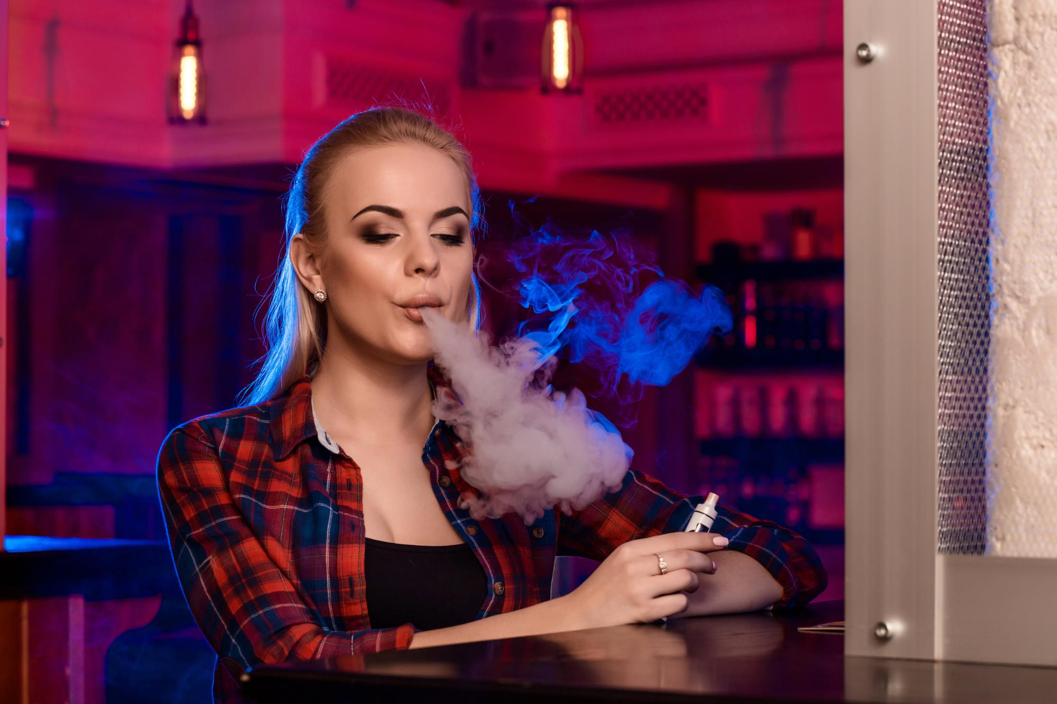 young pretty woman shirt cage smoke electronic cigarette vape bar vape shop